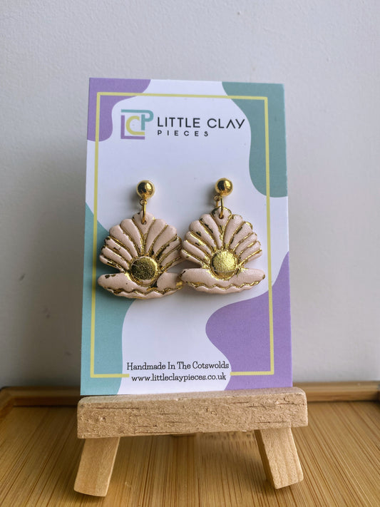 Golden Oyster Shell Ball Post Earrings
