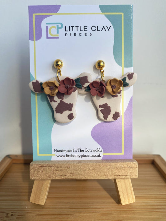 Autumn Floral Cow Ball Post Earrings