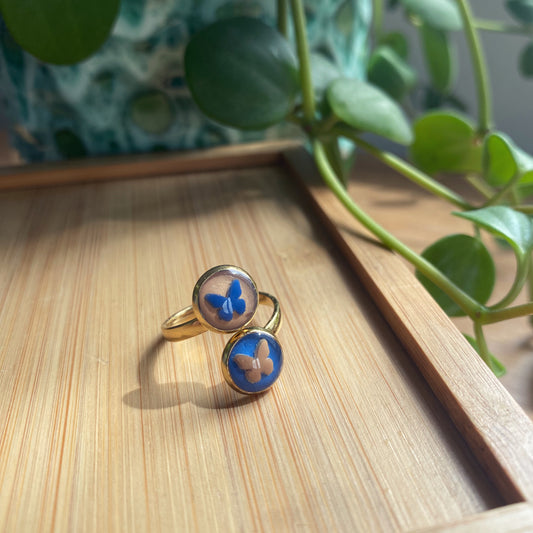 Blue And Peach Butterfly Double Ring