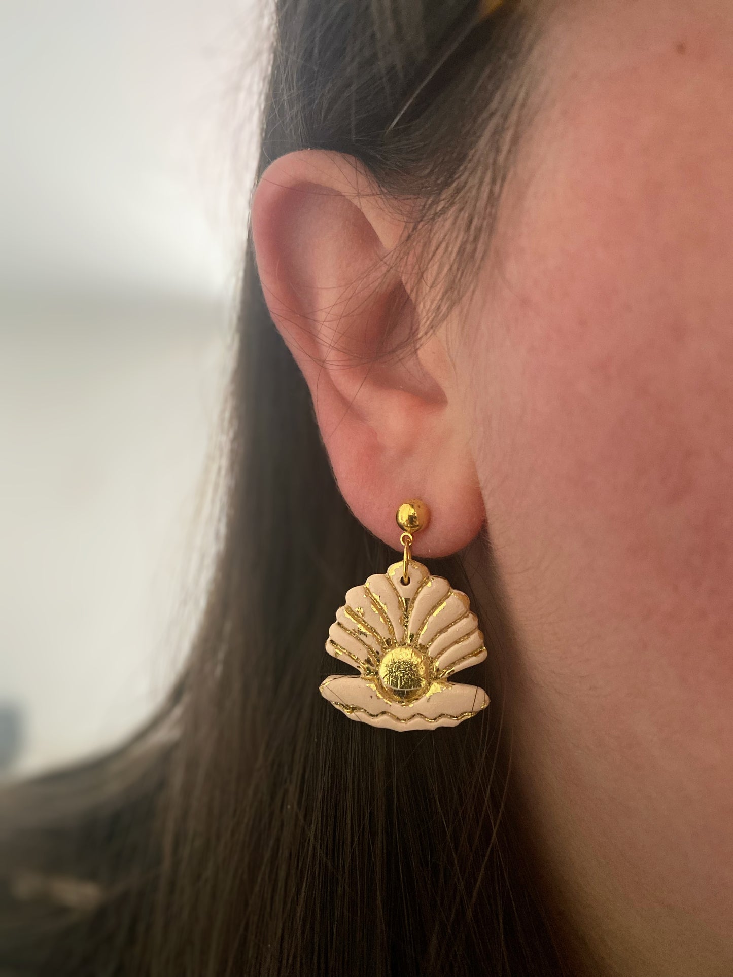 Golden Oyster Shell Ball Post Earrings