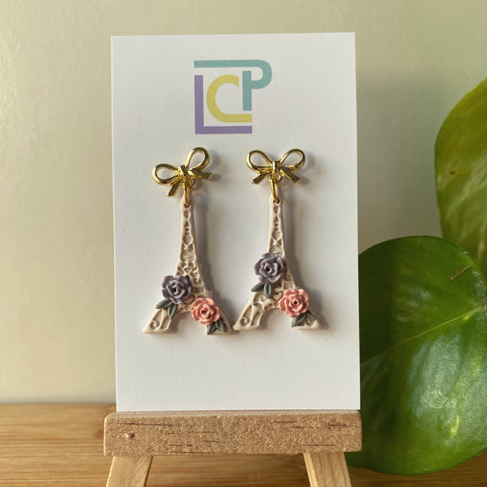 Rose Eiffel Tower Bow Earrings