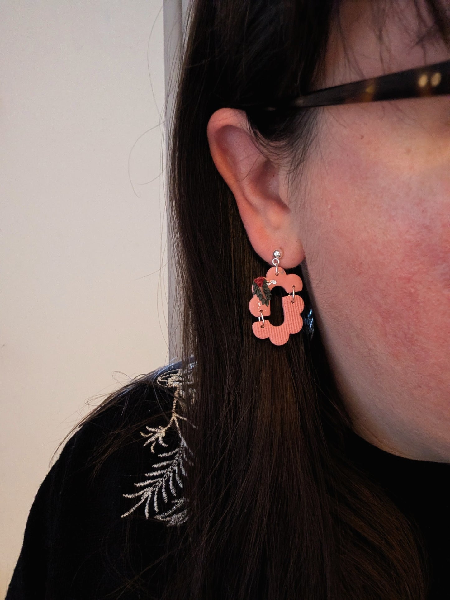 Pink Leaf Assymetrical Ball Post Earrings