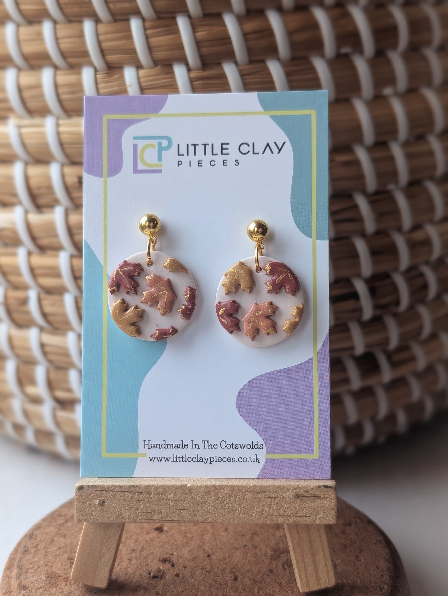Autumn leaf Circle Ball Post Earrings