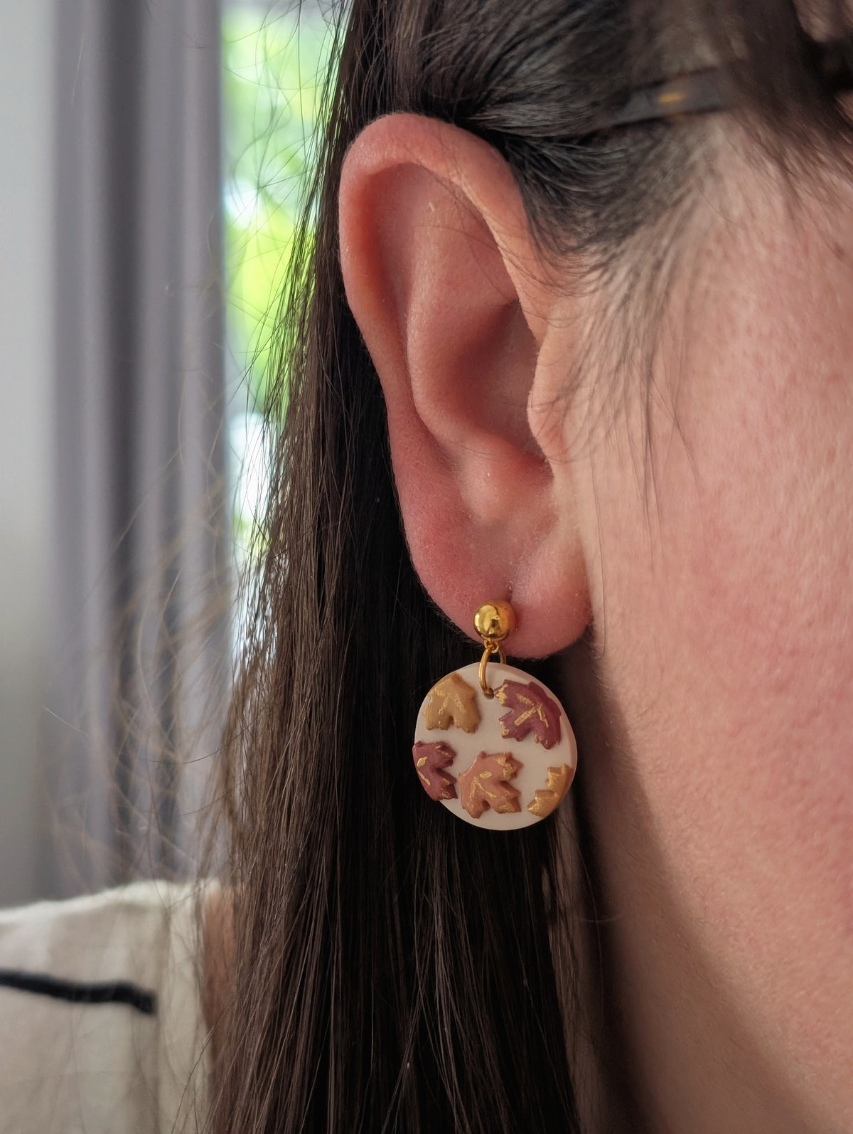 Autumn leaf Circle Ball Post Earrings