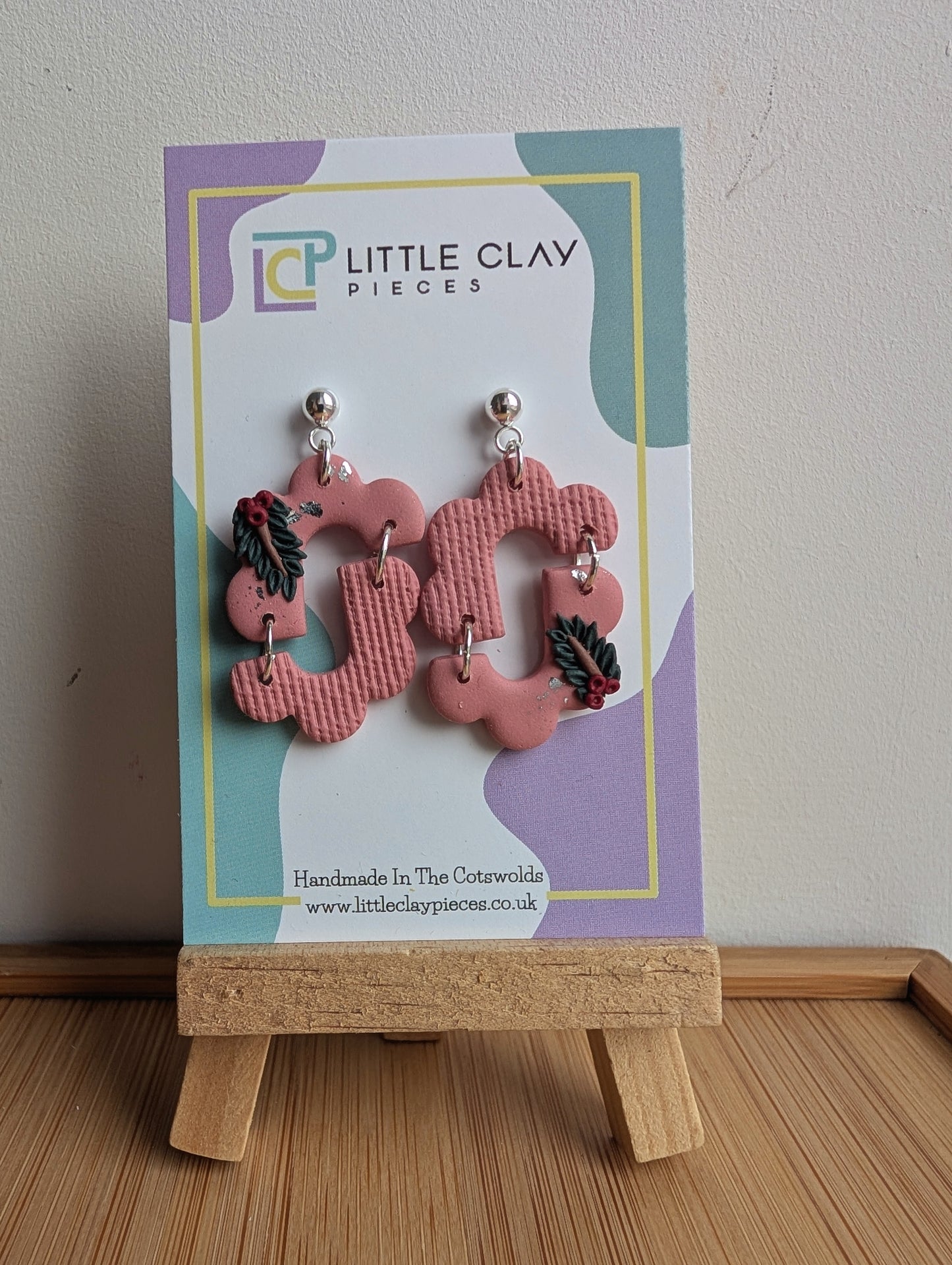Pink Leaf Assymetrical Ball Post Earrings